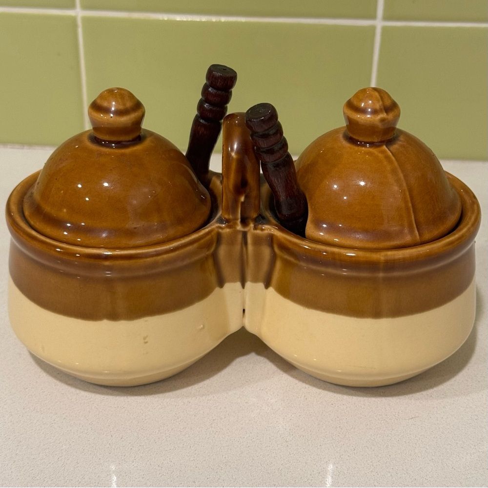 Vintage Stoneware Double Condiment Jar with Lids and Spoons